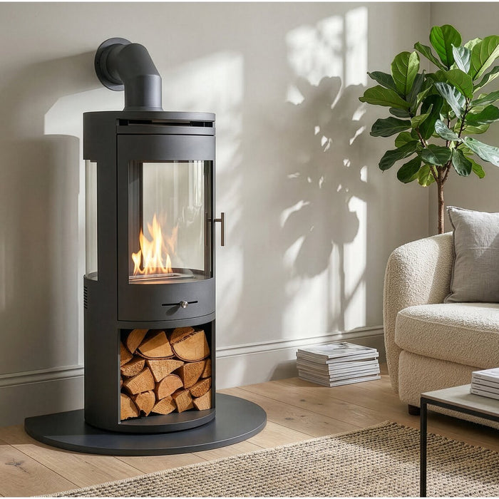 S7 Bio Ethanol Panoramic Stove with glass-sided firebox and log store in a lounge