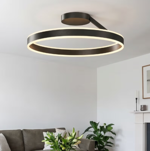 The Juliano LED Ceiling Light black ring flush light in a living room