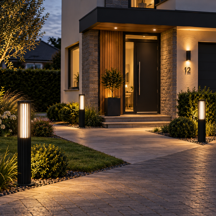 Lucevia black outdoor bollard lights lining a paved driveway and front entrance at dusk - IP65-rated pathway lighting for modern homes