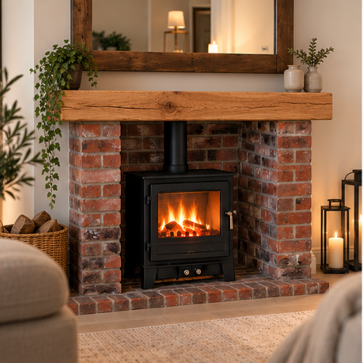 Oak beam mantel above a wood burning stove in a red brick fireplace with a rustic mirror and candles