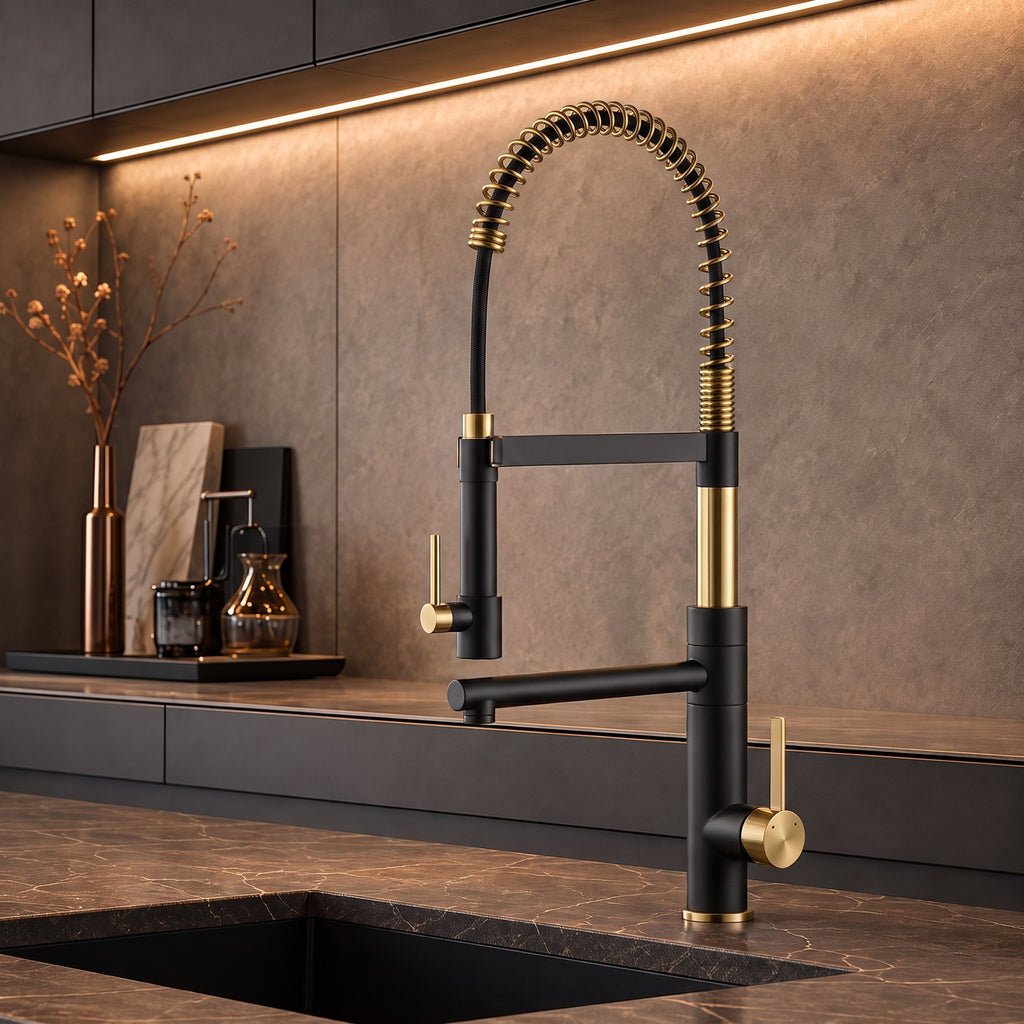 The Velo Dual-Spout Pull-Out Kitchen Tap in Black & Gold