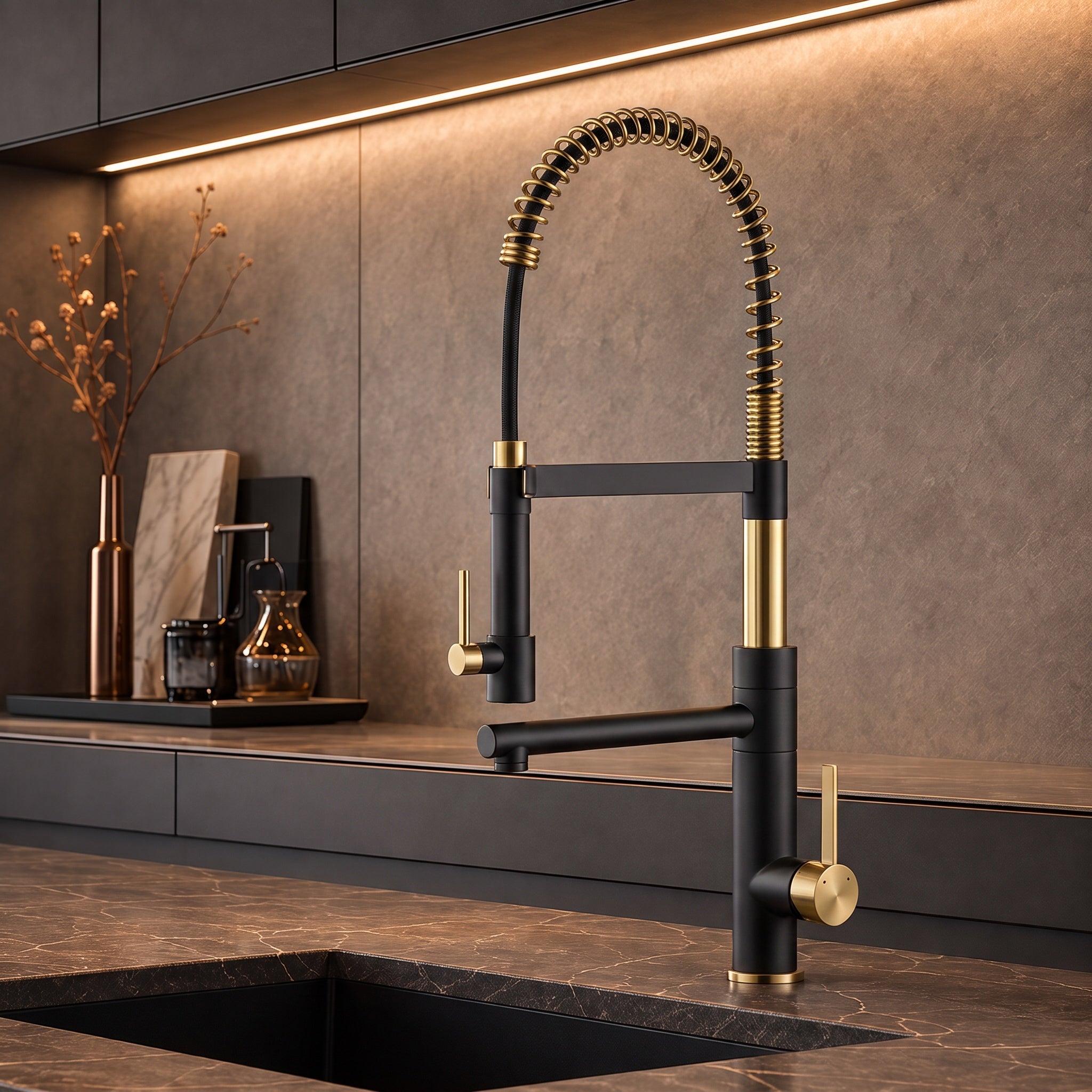The Velo Dual-Spout Pull-Out Kitchen Tap in Black & Gold