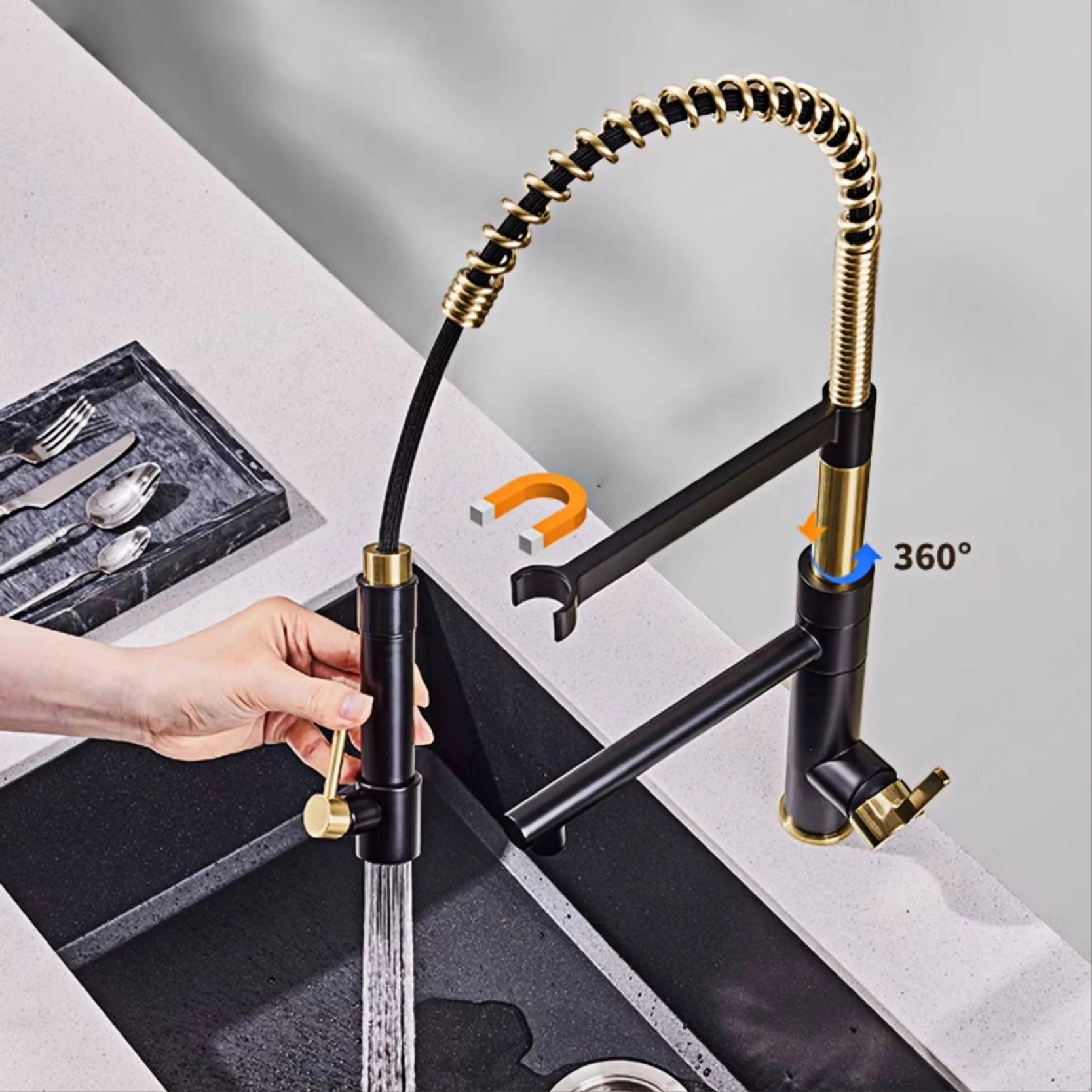 The Velo Dual-Spout Pull-Out Kitchen Tap in Black & Gold