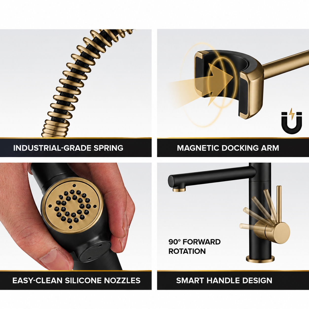 The Velo Dual-Spout Pull-Out Kitchen Tap in Black & Gold