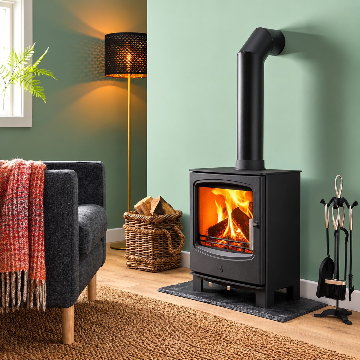 The Enya Flame Cast-Iron Multi-Fuel Stove in a living room with green walls