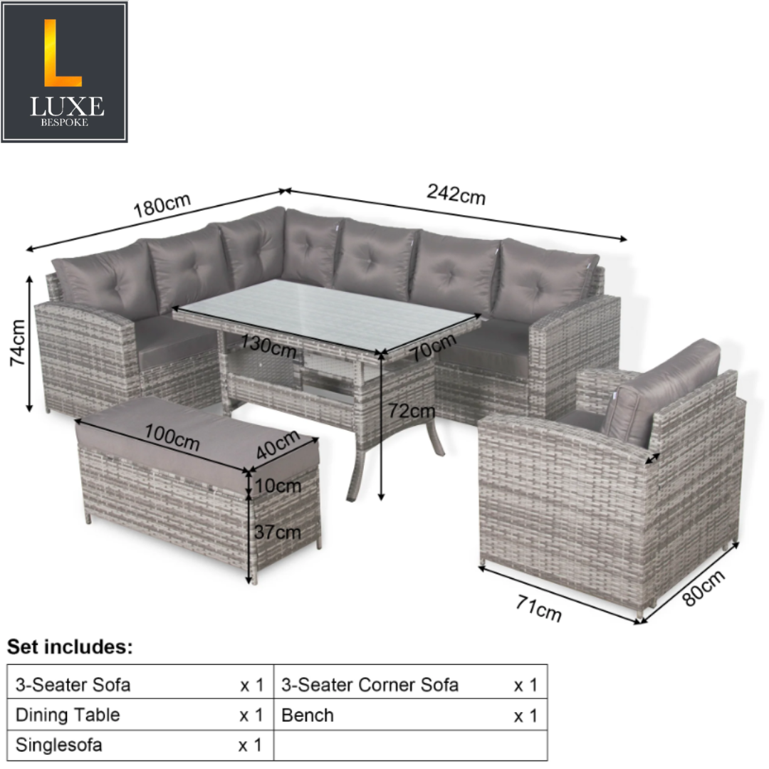Devon Corner Dining Sofa Set dimensions diagram showing seat, table and bench measurements, with set contents: corner sofa, dining table, bench and armchair