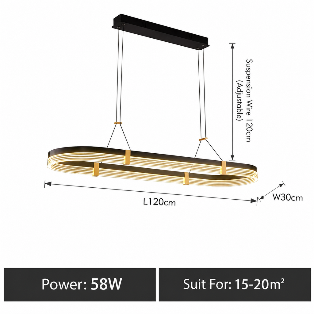 An oval-shaped modern pendant light fixture with a black frame and warm white LED light, shown with dimension labels (L120cm, W30cm, Suspension Wire 120cm adjustable) and power/suitability text at the bottom.