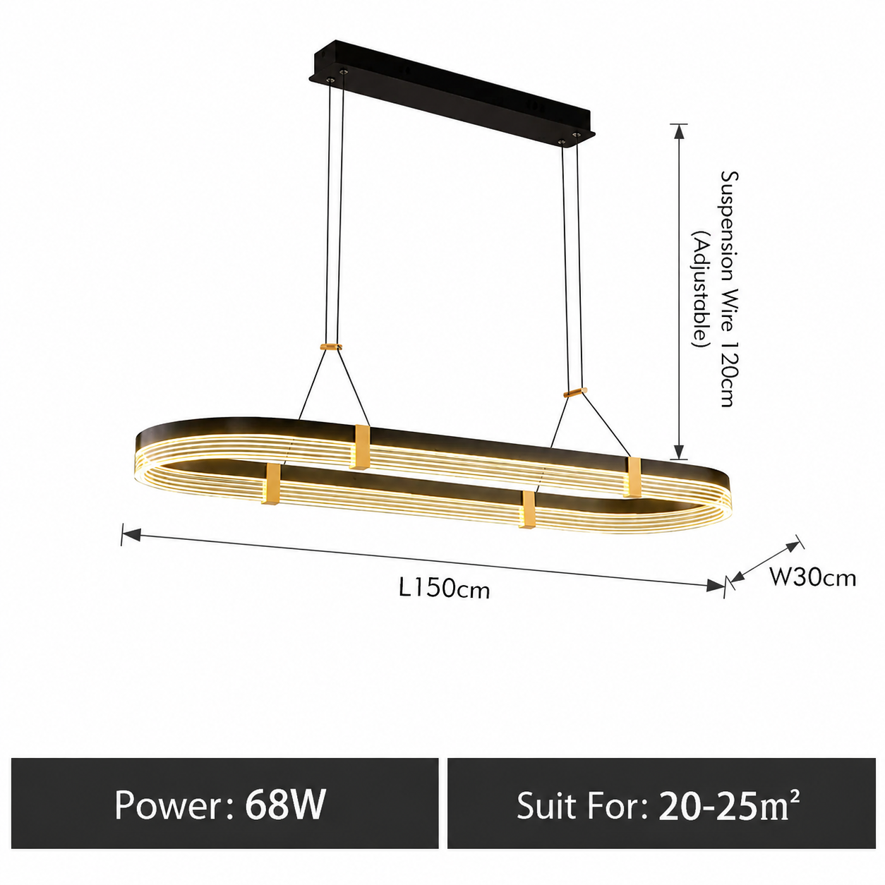 Modern linear oval pendant light fixture with a black frame and warm white LED lighting, shown with dimension labels (L150cm, W30cm, adjustable suspension wire 120cm) and power/suitability text on a white background.