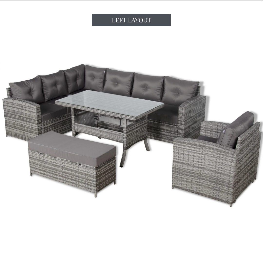 Devon Corner Dining Sofa Set – left-hand layout in grey rattan with corner sofa, armchair, bench and glass-top dining table, studio shot