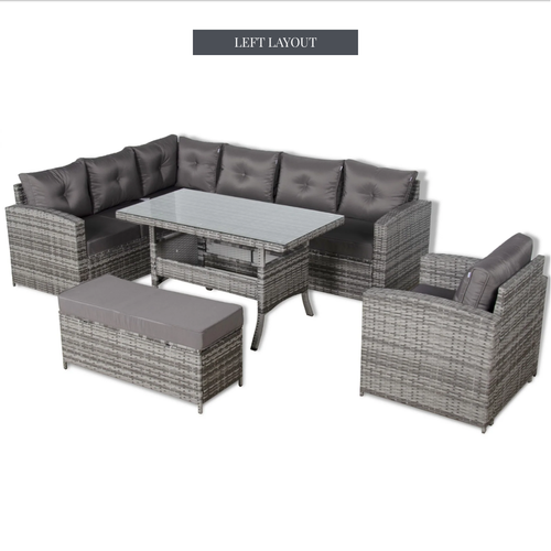 Devon Corner Dining Sofa Set – left-hand layout in grey rattan with corner sofa, armchair, bench and glass-top dining table, studio shot