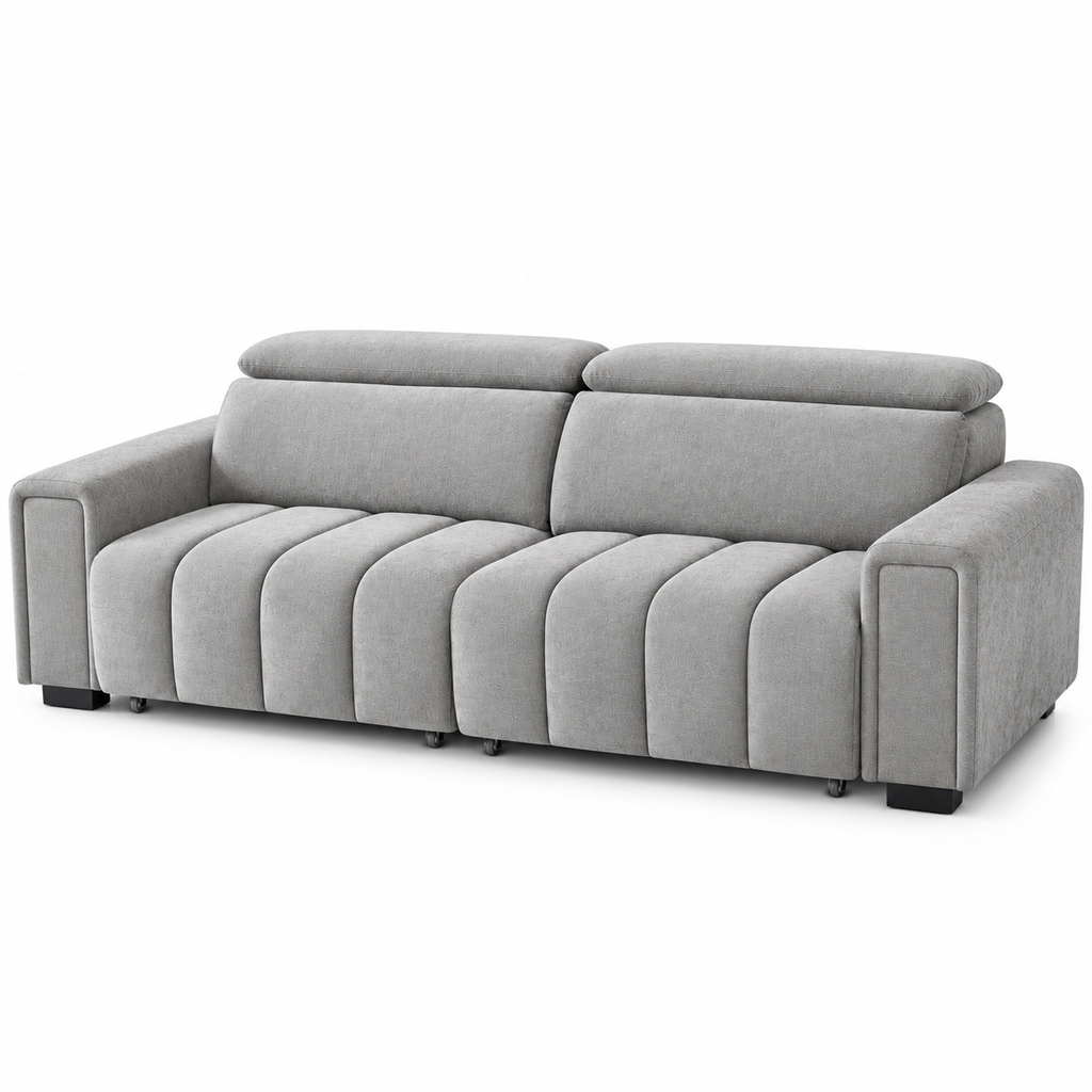 Grey Verona 3 seater electric sofa bed with adjustable headrests and vertical channel tufting
