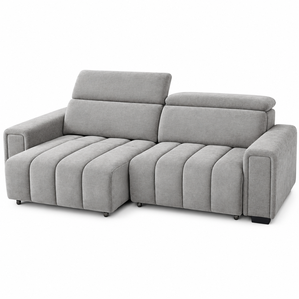 Grey Verona sofa bed with one headrest raised and power sliding seat extended