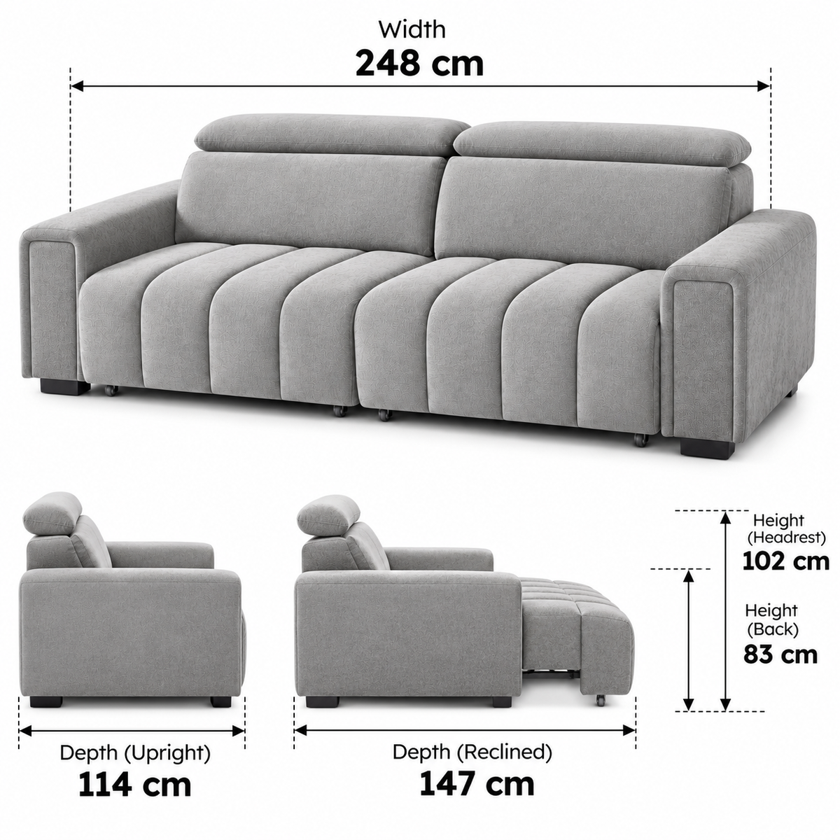 Verona sofa bed dimensions: 248 cm wide, 114 cm deep upright, 147 cm reclined, 83 cm high (102 cm with headrests raised)