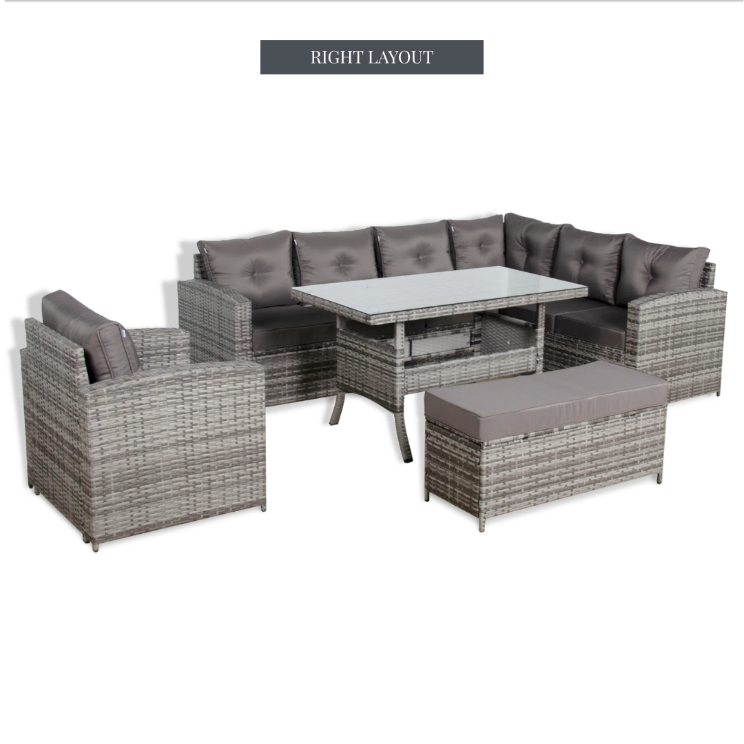 Devon Corner Dining Sofa Set – right-hand layout in grey rattan with corner sofa, armchair, bench and glass-top dining table, studio shot