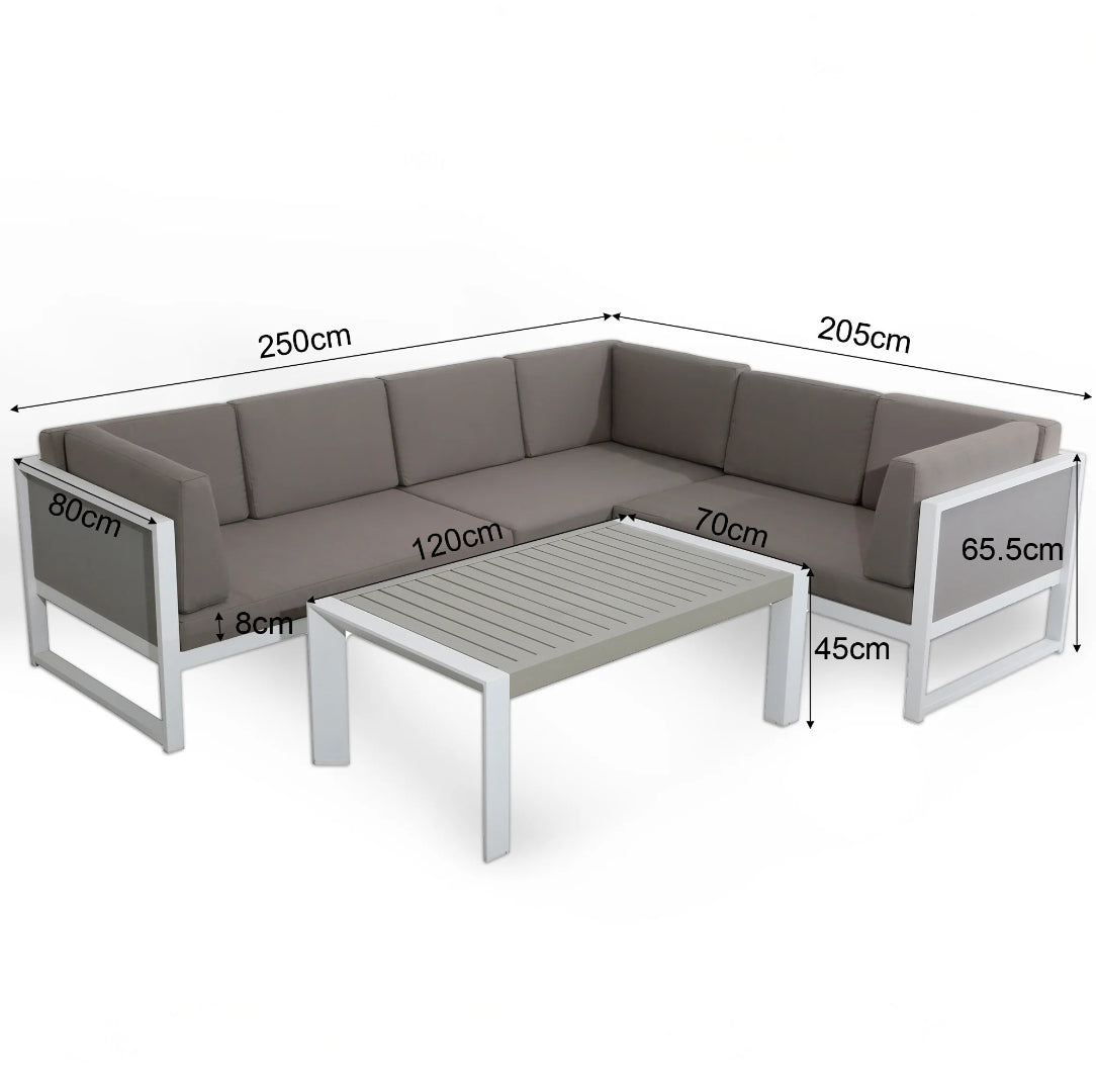 White Aluminium Corner Sofa Set with Coffee Table