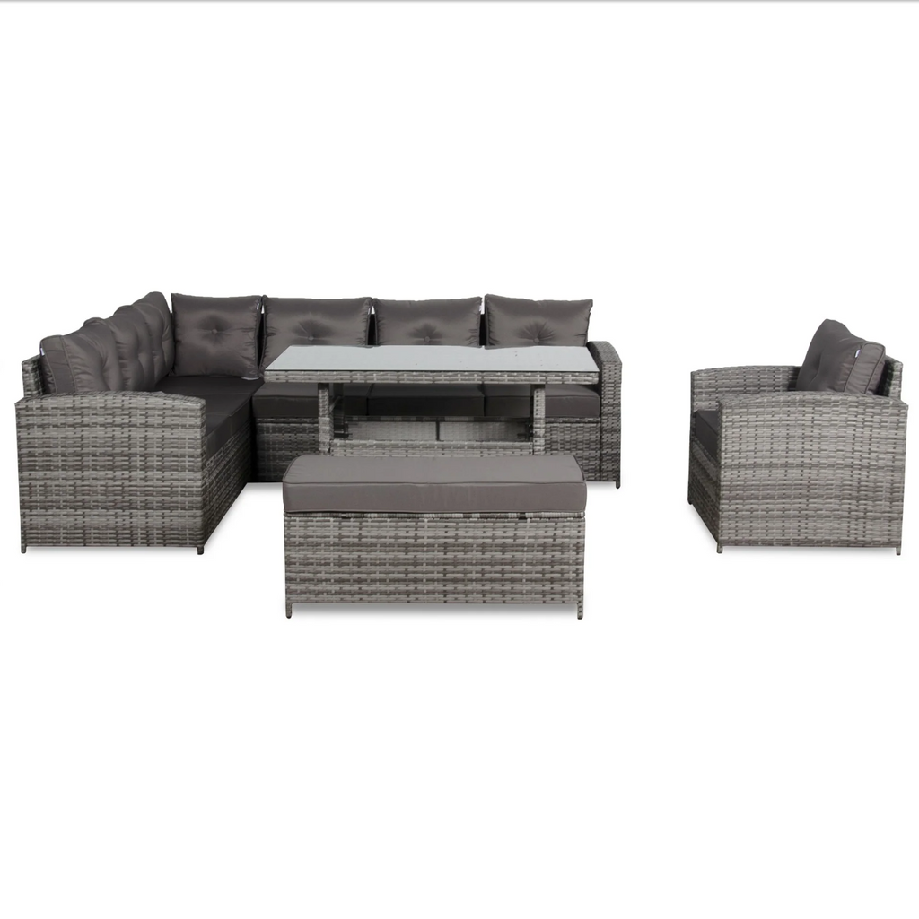 Devon Corner Dining Sofa Set in grey rattan – corner sofa, bench, glass-top dining table and matching armchair on white background