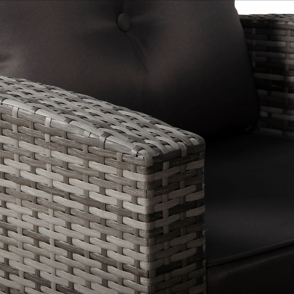 Devon Corner Dining Sofa Set – close-up of the matching armchair's woven grey rattan frame and cushion