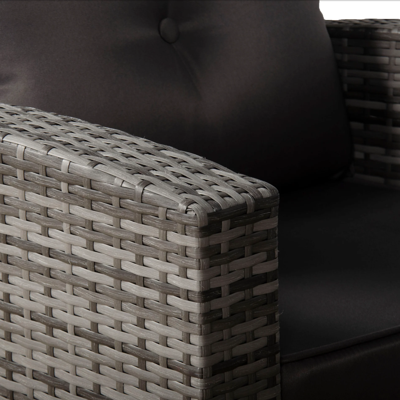 Devon Corner Dining Sofa Set – close-up of the matching armchair's woven grey rattan frame and cushion
