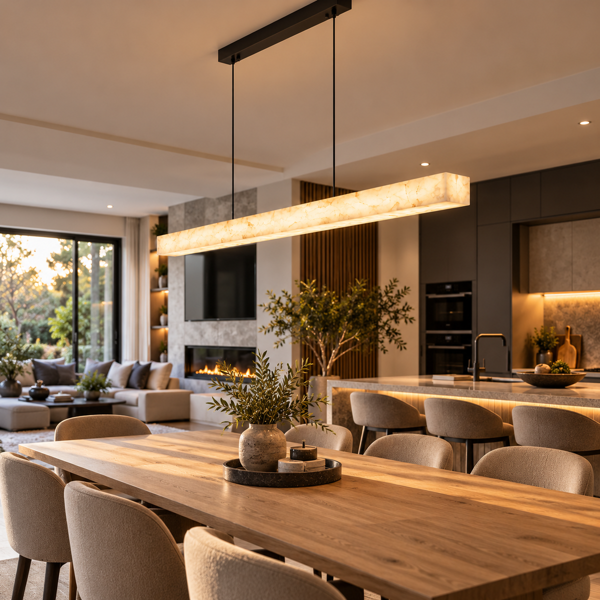 Alabastro linear pendant light glowing above an oak dining table in an open-plan kitchen and living room