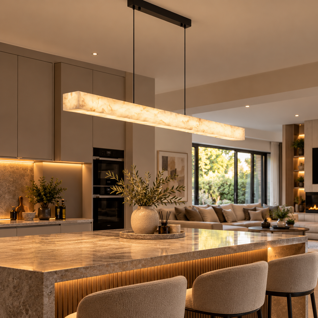 Alabastro onyx-effect linear pendant light glowing warm white over a marble kitchen island in an open-plan kitchen