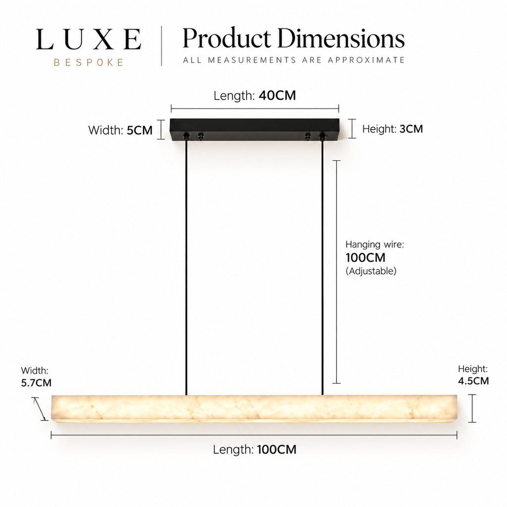 Alabastro 100cm linear pendant light dimensions: 100cm x 5.7cm x 4.5cm shade, 40cm ceiling canopy and adjustable hanging wire