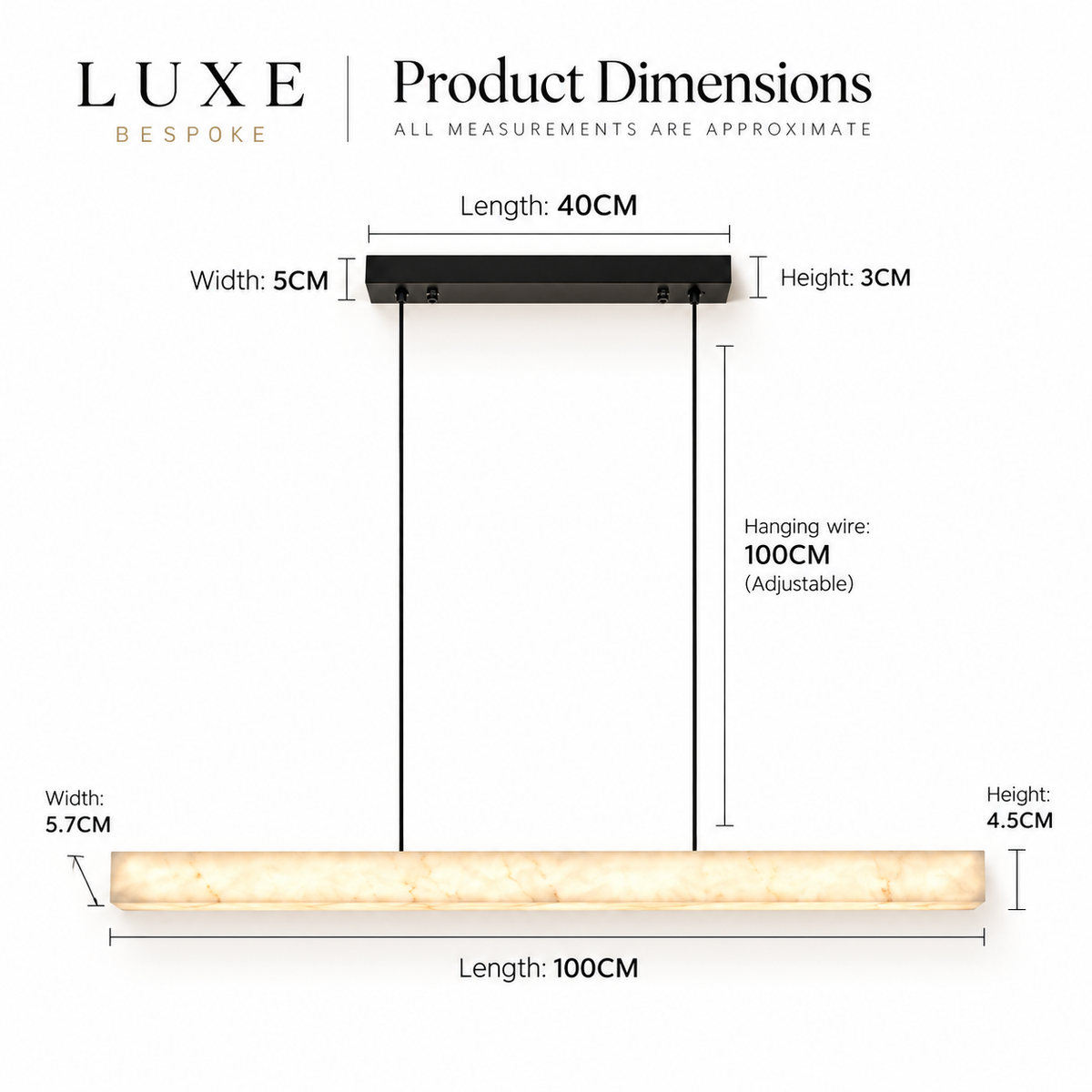 Alabastro 100cm linear pendant light dimensions: 100cm x 5.7cm x 4.5cm shade, 40cm ceiling canopy and adjustable hanging wire