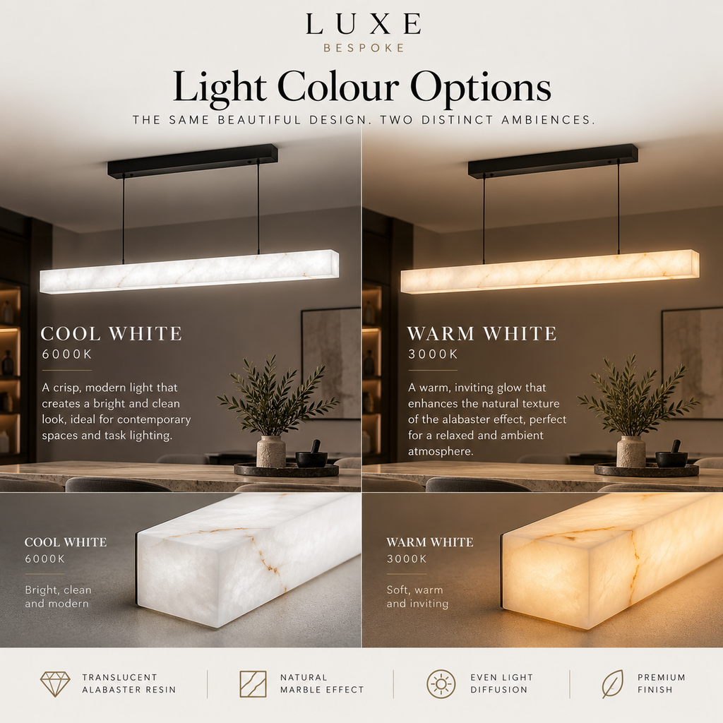 Alabastro pendant light colour options: cool white 6000K and warm white 3000K alabaster-effect glow
