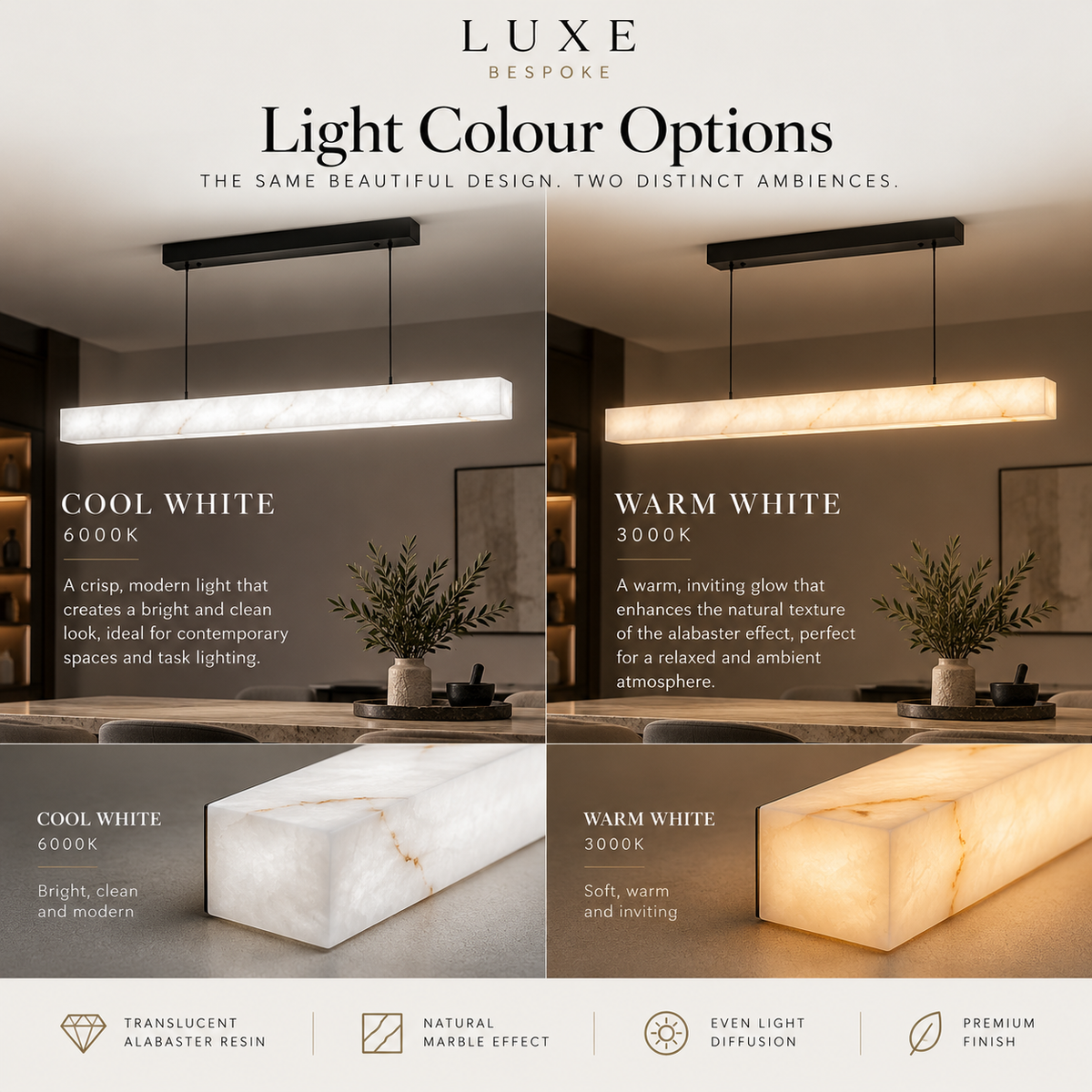 Alabastro pendant light colour options: cool white 6000K and warm white 3000K alabaster-effect glow
