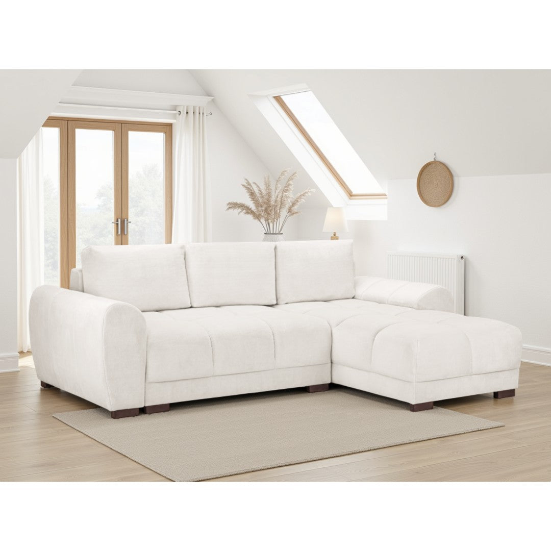 Amalfi velvet corner sofa bed with storage in cream – plush cream velvet L-shaped sofa bed with universal chaise, photo 1 of 2
