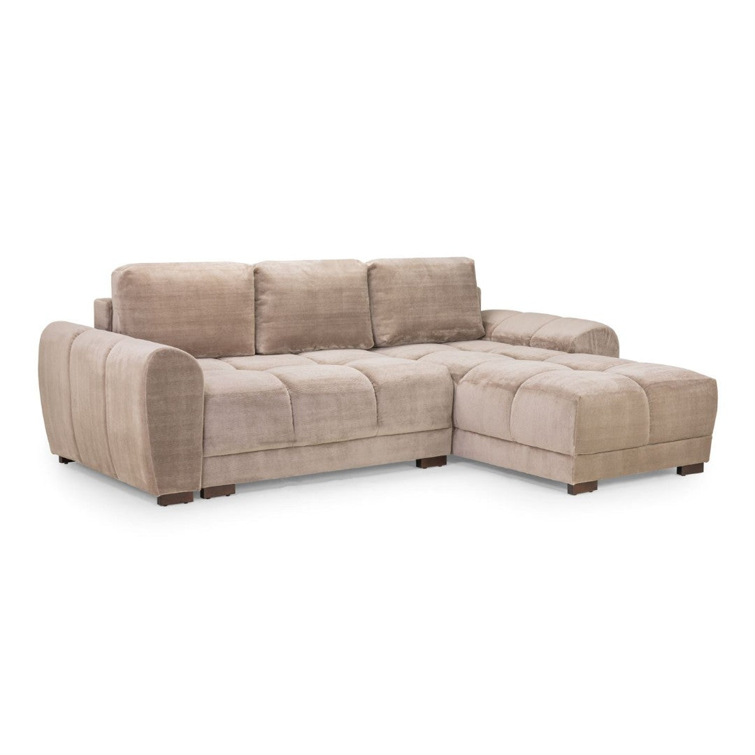 Amalfi velvet corner sofa bed with storage in mocha – plush mocha velvet L-shaped sofa bed with universal chaise, photo 7 of 11
