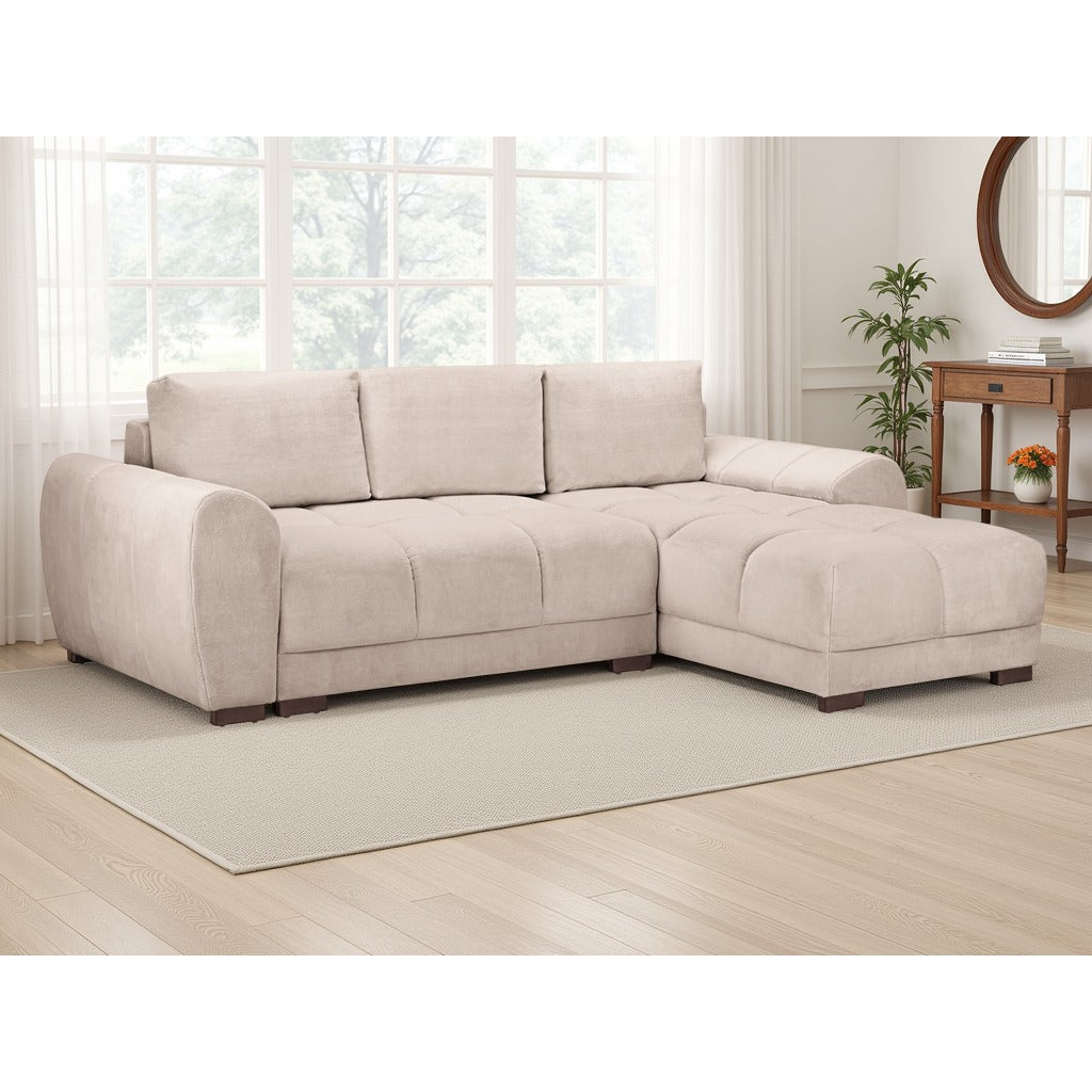 Amalfi velvet corner sofa bed with storage in mocha – plush mocha velvet L-shaped sofa bed with universal chaise and hidden storage