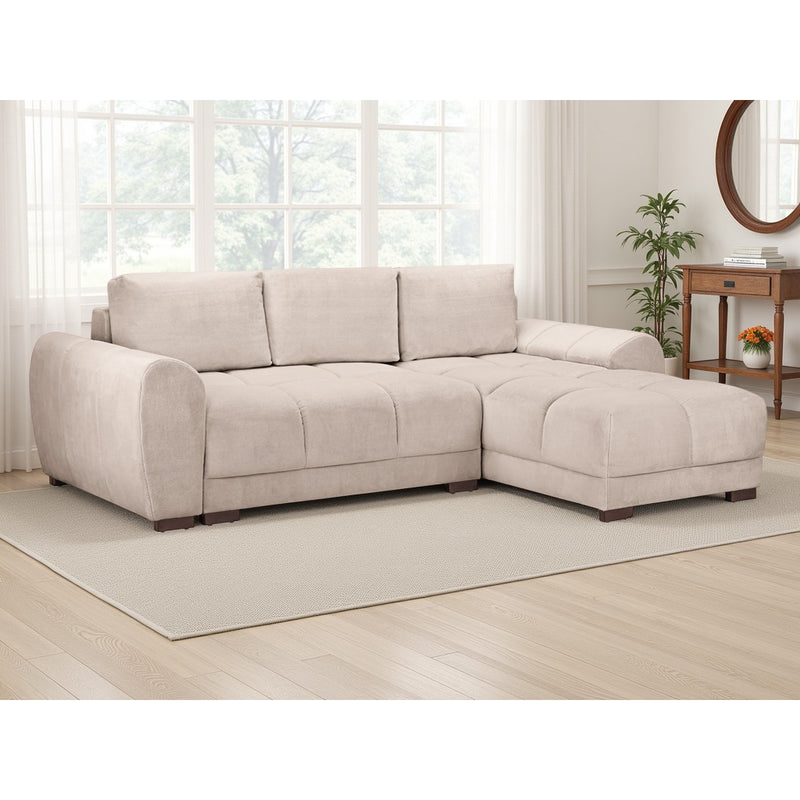 Amalfi velvet corner sofa bed with storage in mocha – plush mocha velvet L-shaped sofa bed with universal chaise and hidden storage
