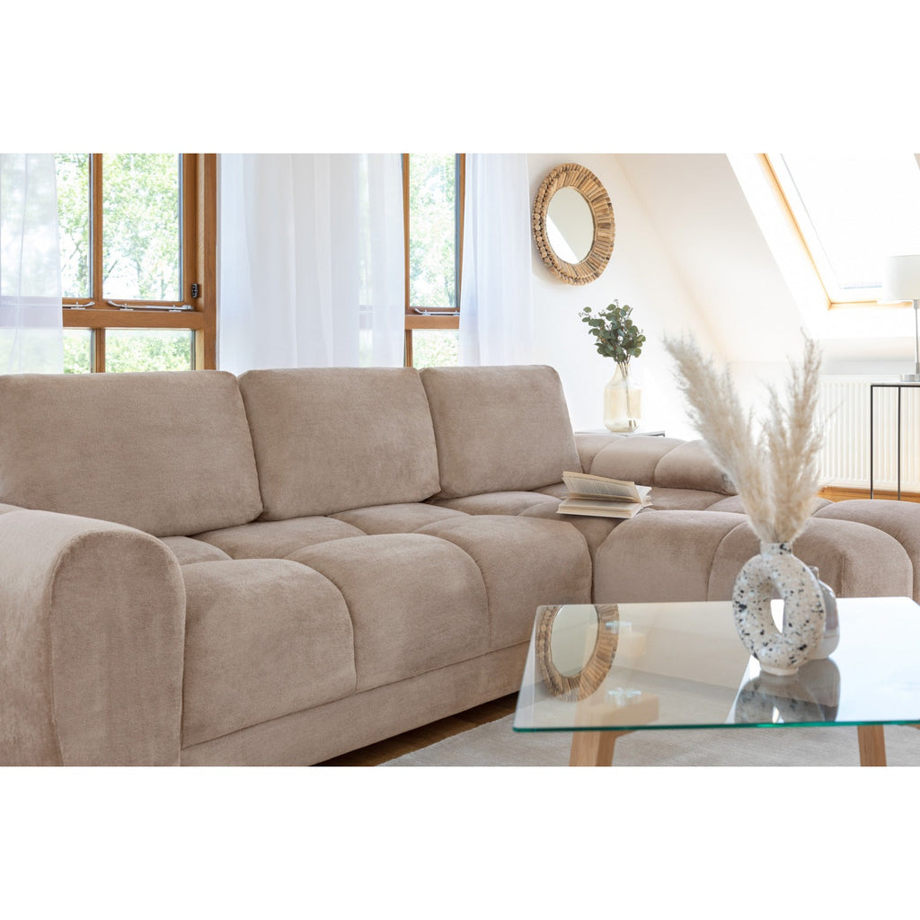 Amalfi velvet corner sofa bed with storage in mocha – plush mocha velvet L-shaped sofa bed with universal chaise and hidden storage