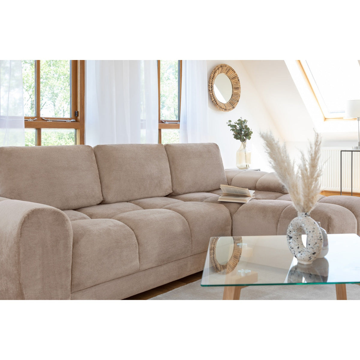 Amalfi velvet corner sofa bed with storage in mocha – plush mocha velvet L-shaped sofa bed with universal chaise and hidden storage