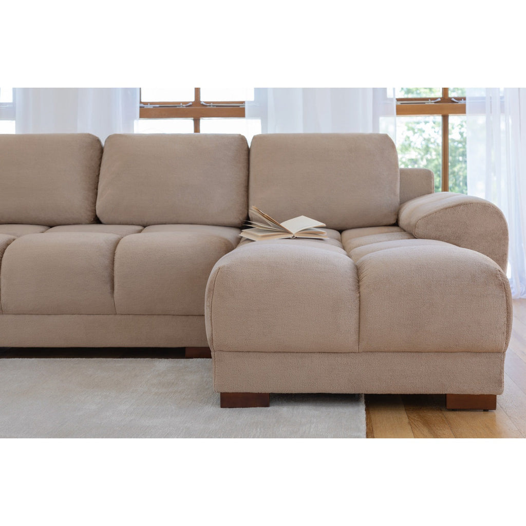 Amalfi velvet corner sofa bed with storage in mocha – plush mocha velvet L-shaped sofa bed with universal chaise and hidden storage
