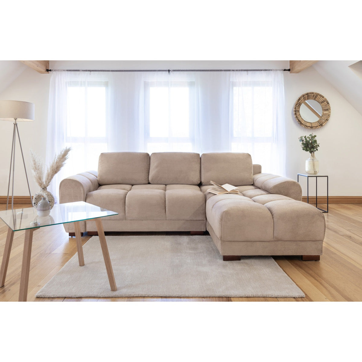 Amalfi velvet corner sofa bed with storage in mocha – plush mocha velvet L-shaped sofa bed with universal chaise and hidden storage