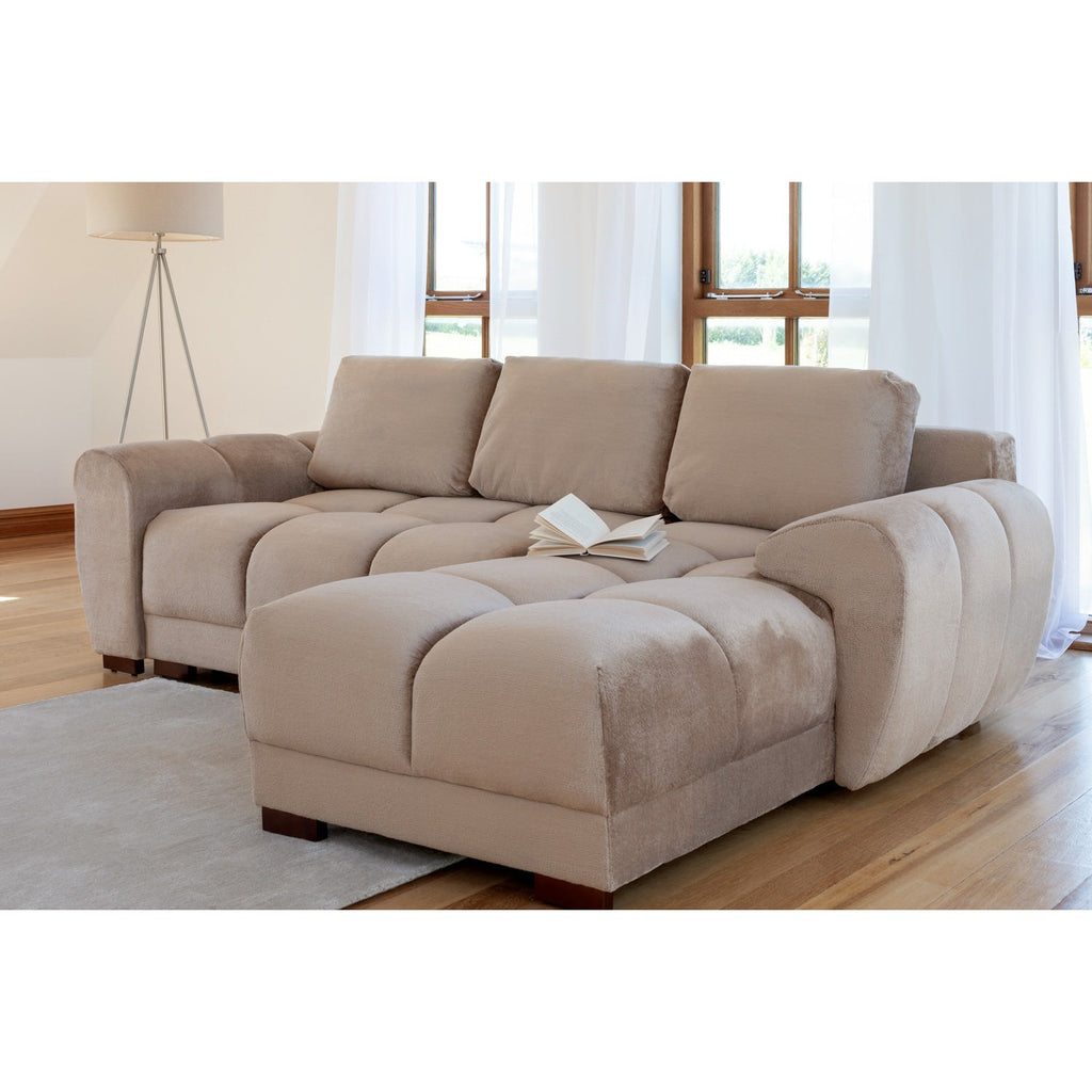 Amalfi velvet corner sofa bed with storage in mocha – plush mocha velvet L-shaped sofa bed with universal chaise and hidden storage