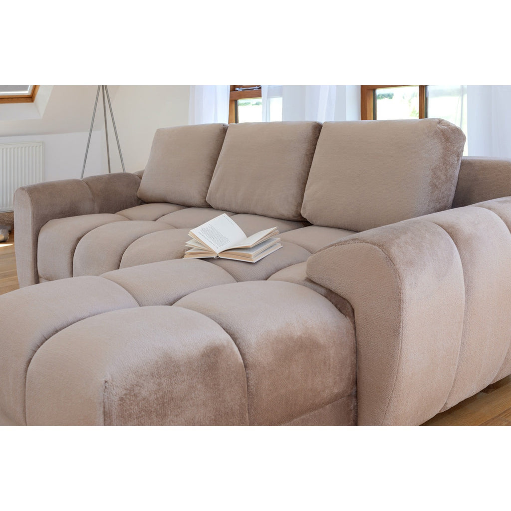 Amalfi velvet corner sofa bed with storage in mocha – plush mocha velvet L-shaped sofa bed with universal chaise and hidden storage