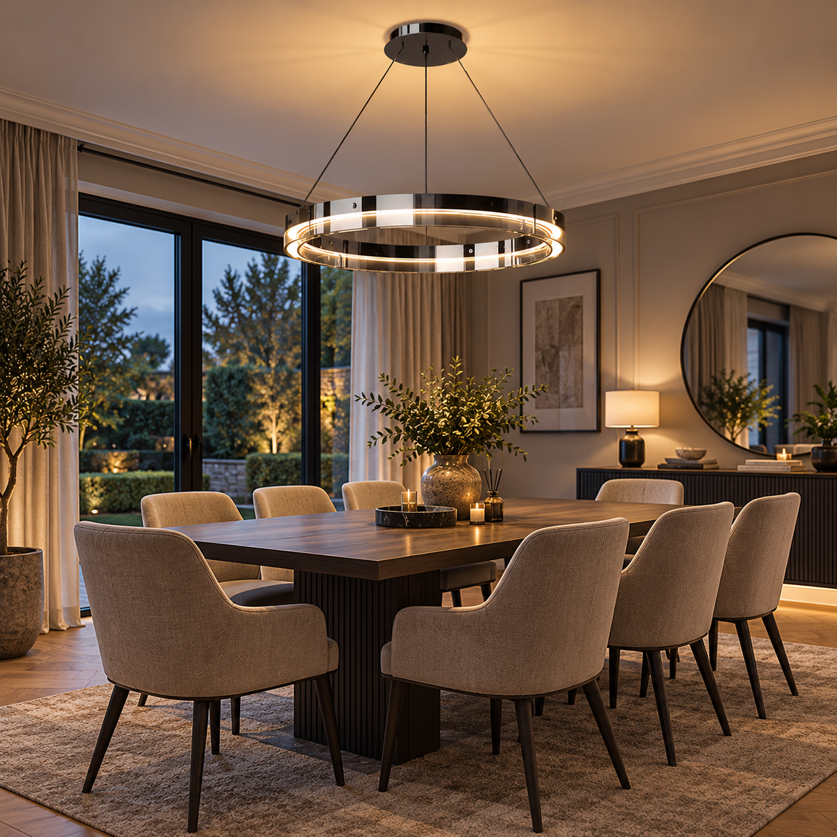 Anello LED ring pendant light above a wooden dining table in an elegant modern dining room