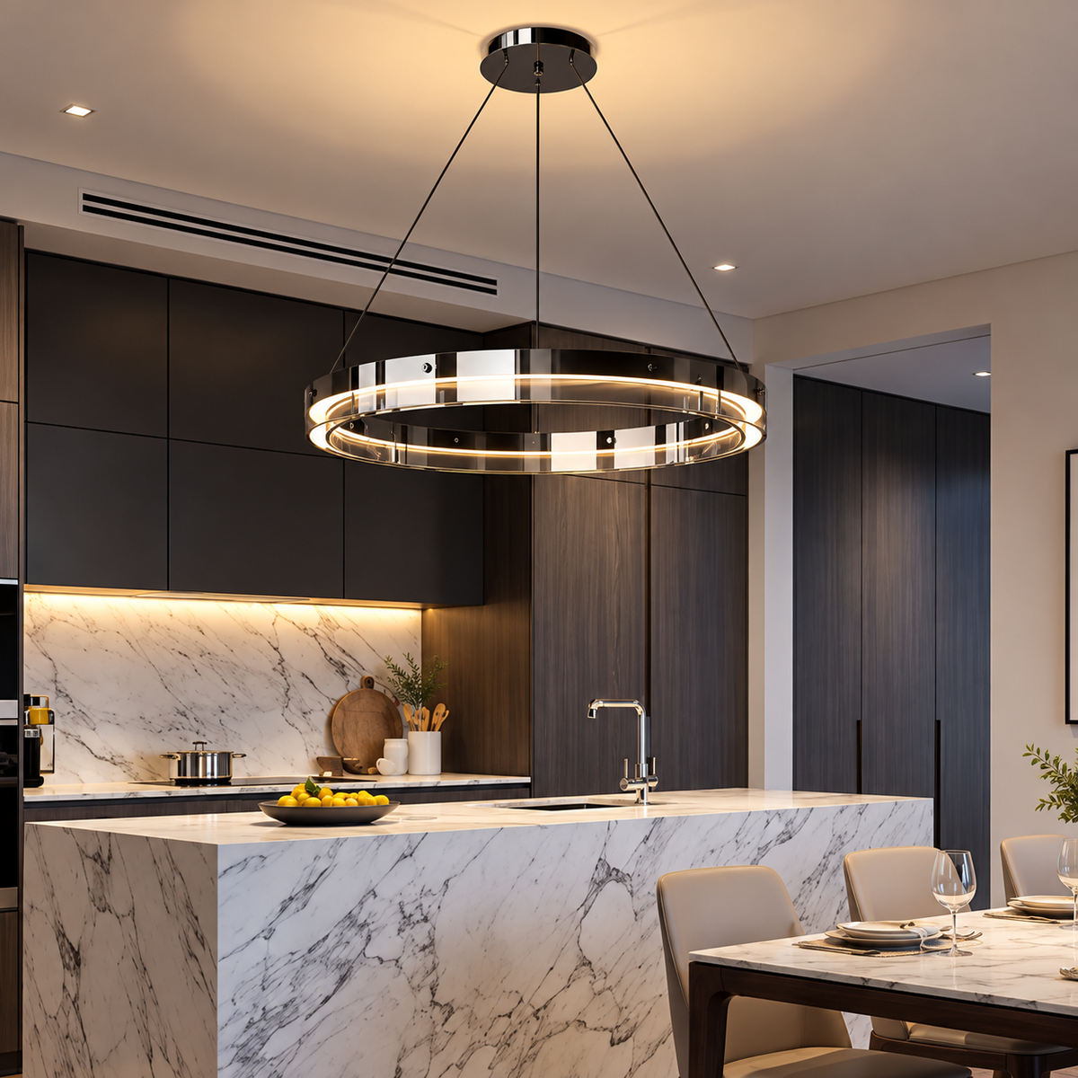 Anello LED ring pendant light in smoked chrome hanging above a marble kitchen island in a modern luxury kitchen
