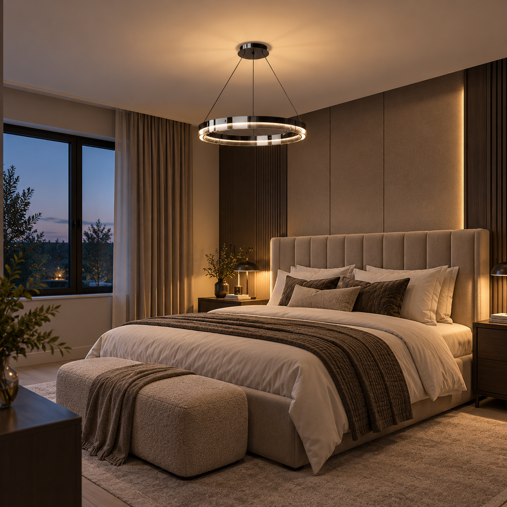 Anello LED ring pendant light glowing warm white above the bed in a luxury modern bedroom