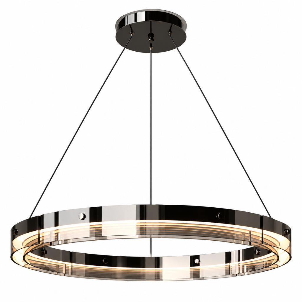 Anello LED ring pendant light in polished smoked chrome with adjustable suspension cables on a white background