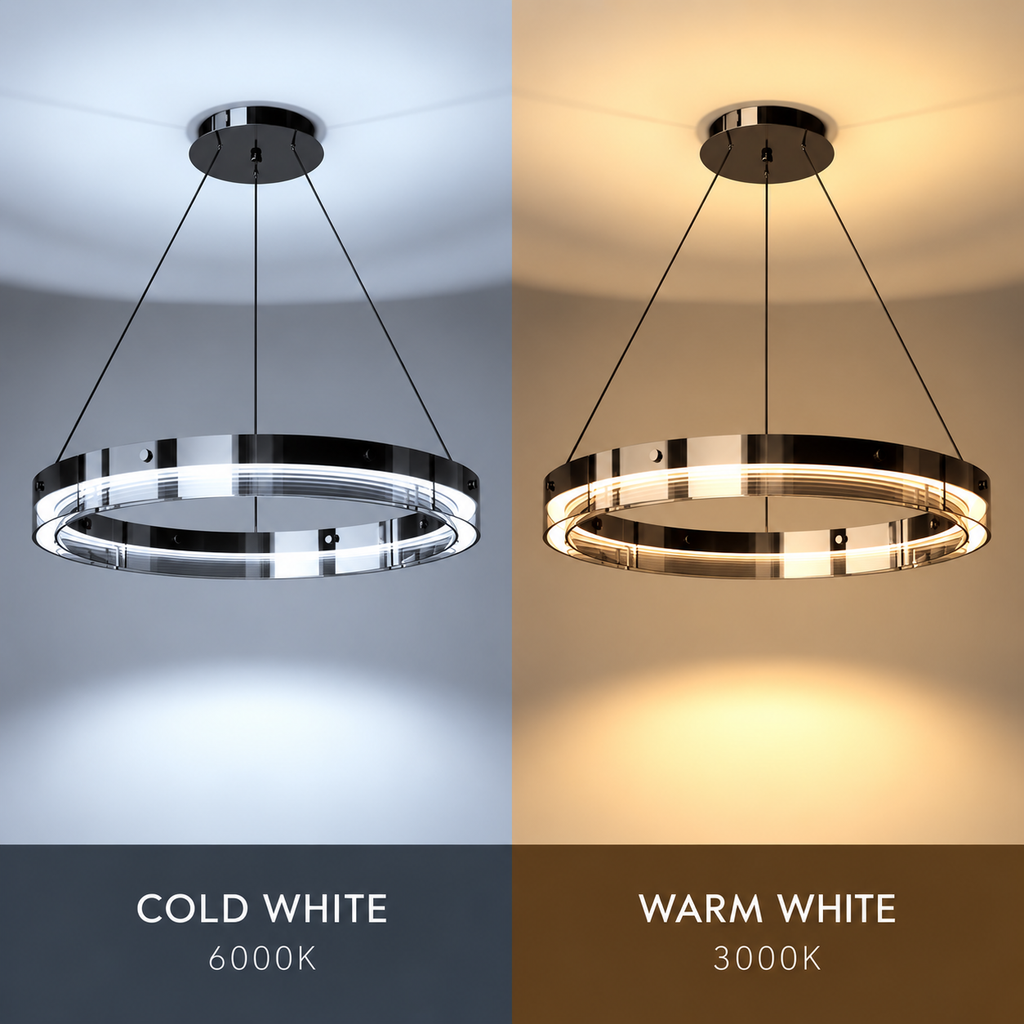 Anello ring pendant light light colour comparison: cold white 6000K and warm white 3000K