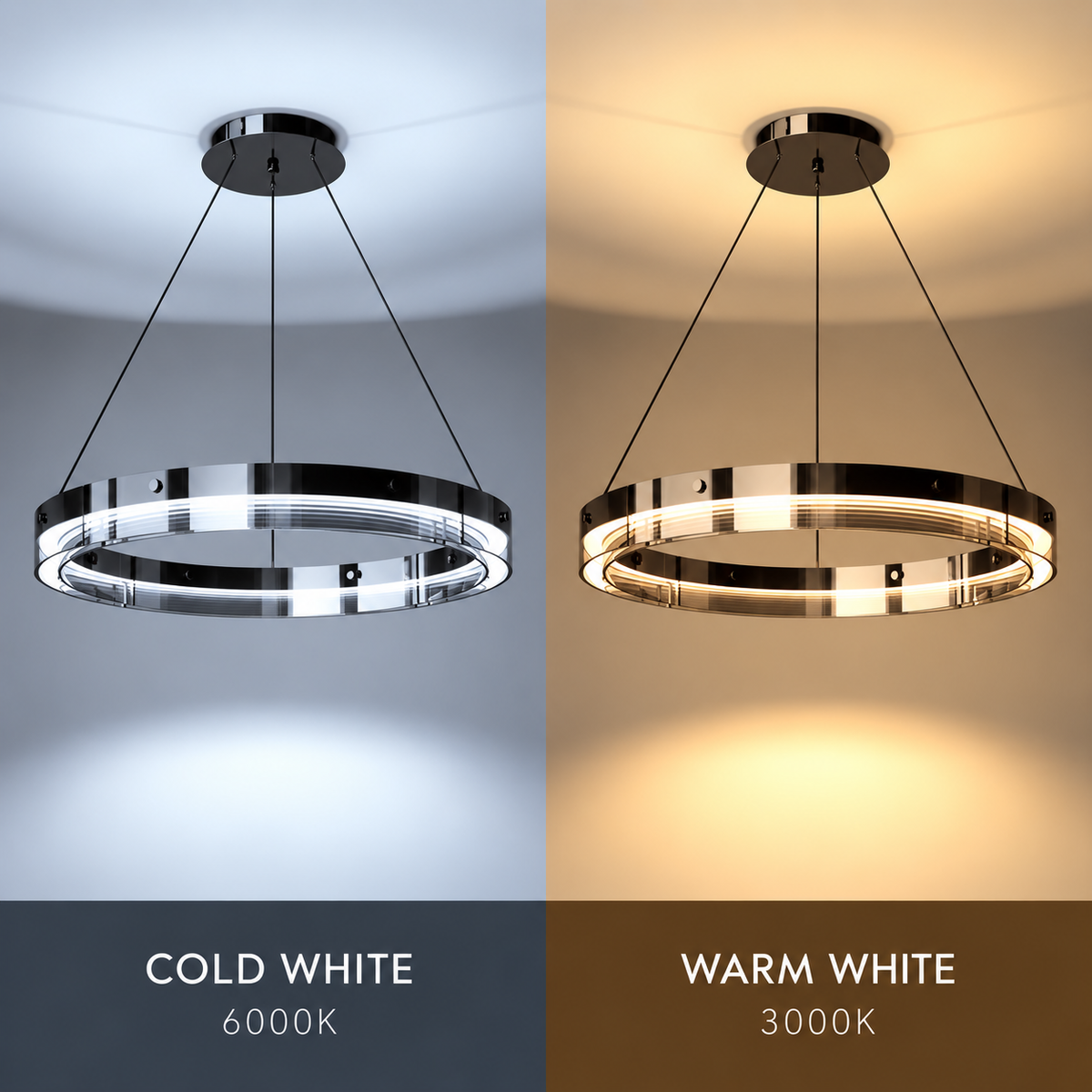 Anello ring pendant light light colour comparison: cold white 6000K and warm white 3000K