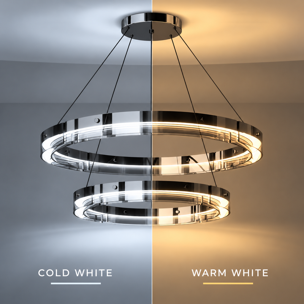 Anello V2 double ring LED chandelier light colour comparison: cold white and warm white