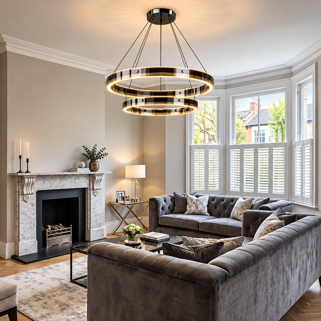 Anello V2 double ring LED chandelier in a bright period living room with bay windows, marble fireplace and grey velvet sofa