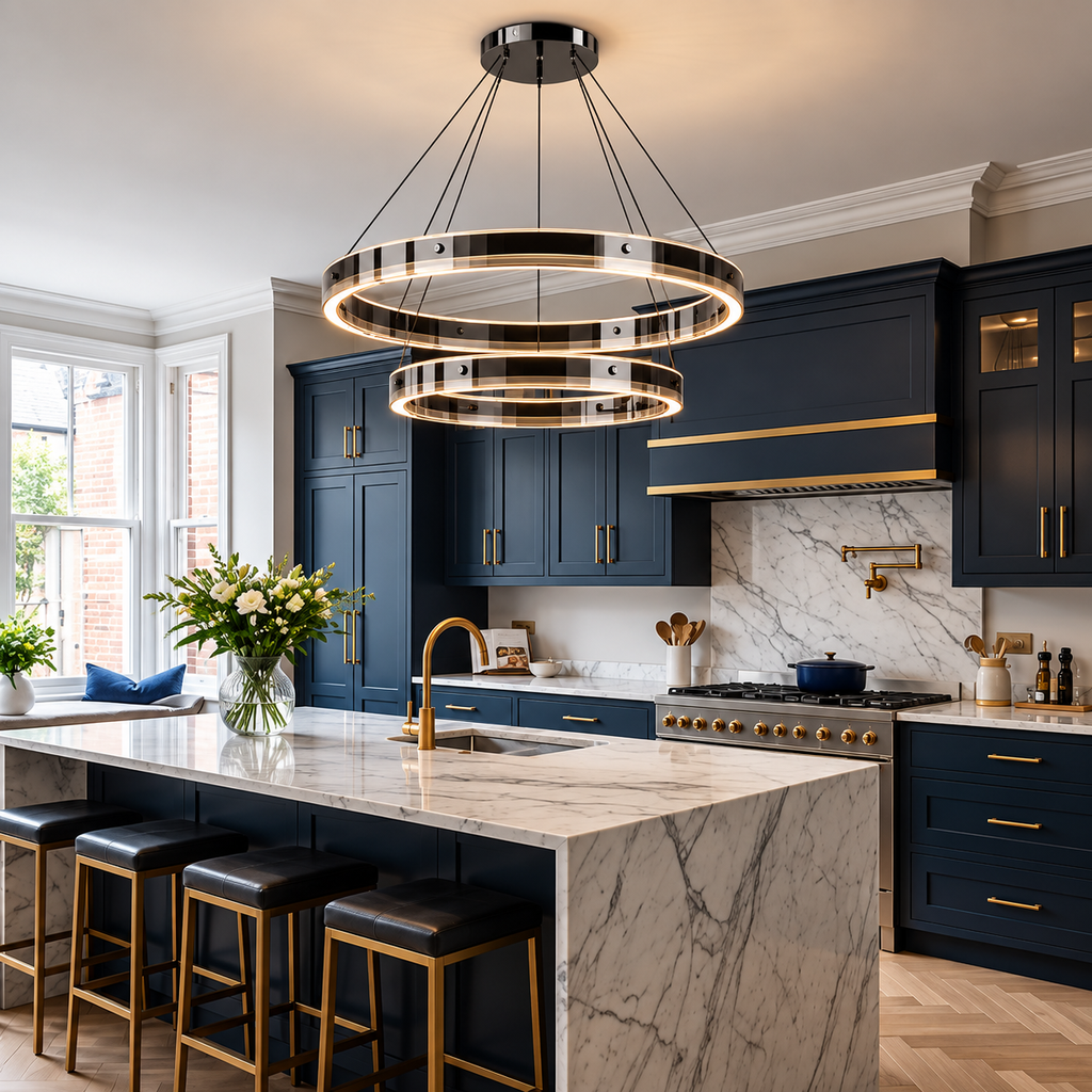 Anello V2 double ring LED chandelier hanging above a marble kitchen island in a navy and gold luxury kitchen