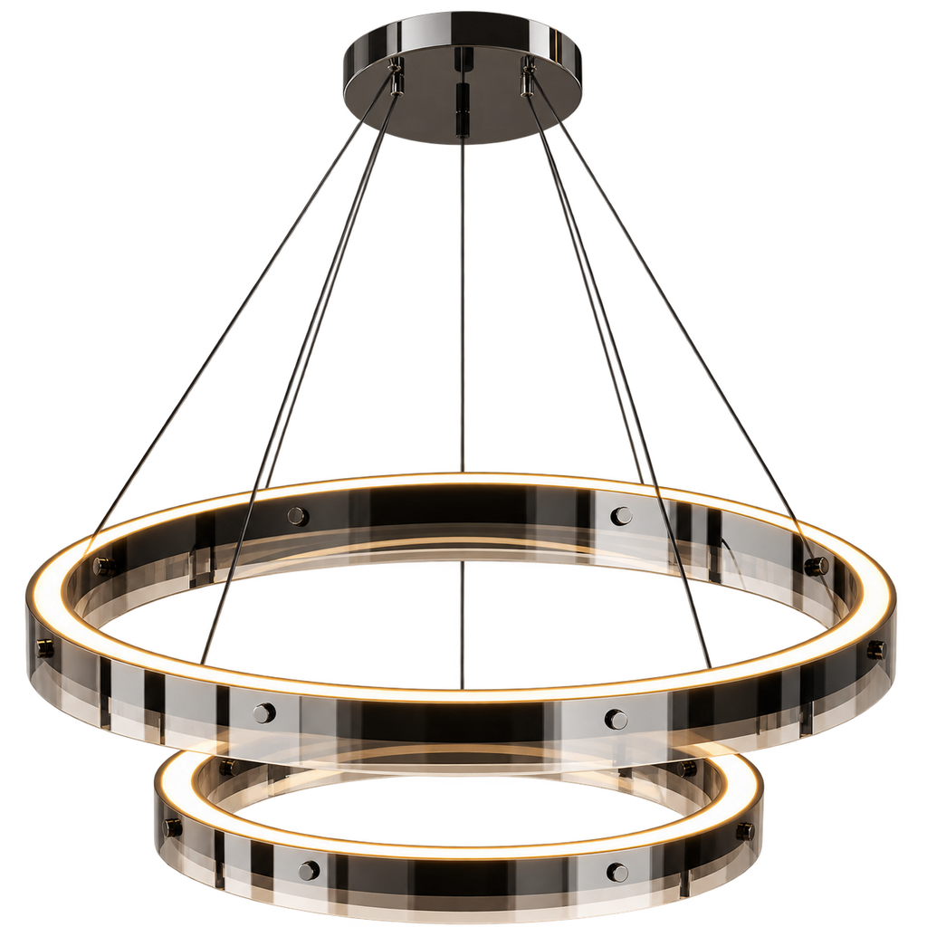 Anello V2 two-tier LED ring chandelier in smoked chrome with warm white glow and adjustable suspension cables