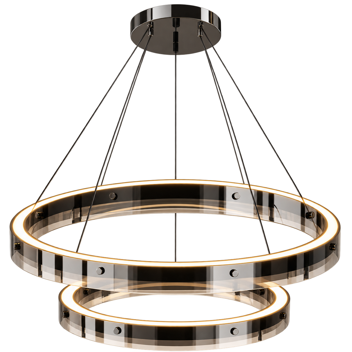 Anello V2 two-tier LED ring chandelier in smoked chrome with warm white glow and adjustable suspension cables