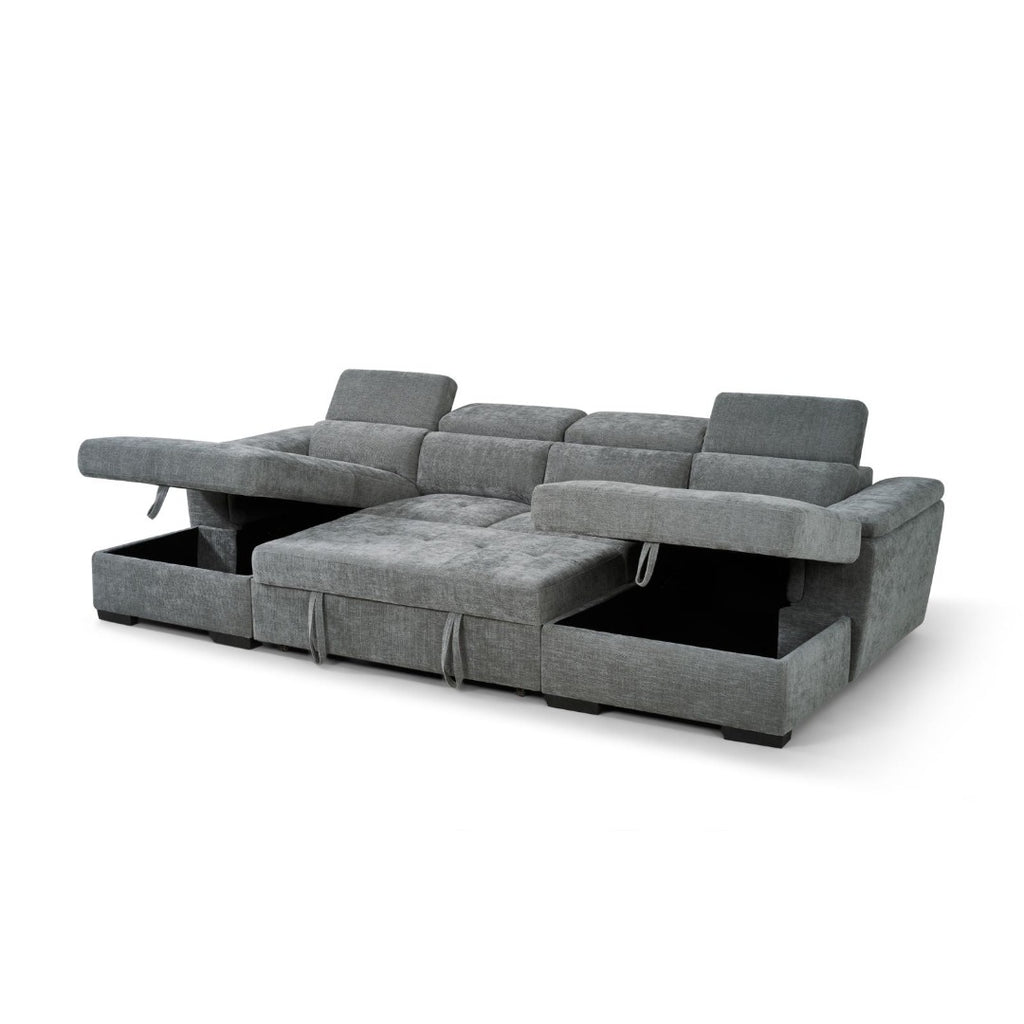 Grey Bellagio Grande U-shape corner sofa bed with both storage chaises open and headrests raised